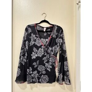 Y2K Sweet Pea by Stacy Frati Mesh Wrap Top XL Black Grey Floral Bell Sleeve